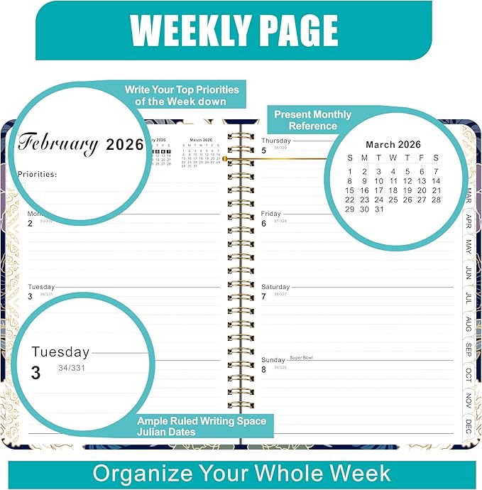 2026 Weekly and Monthly Planner, Medium 6.2 x 8.5 Inch, Hardcover with Floral Design, Jan-Dec Calendar, Spiral-Bound with Monthly Tabs, 100 GSM Paper (yellow flower) (rose pink flower)