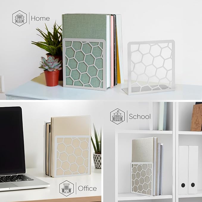 Gray Geometric Honeycomb Metal Bookends - Book Ends for Shelves - Decorative Modern Heavy Duty Bookend Stopper - Book Ends for Heavy Books - Home Office Book Holder - 1 Pair, 6x3.25x6.25 in