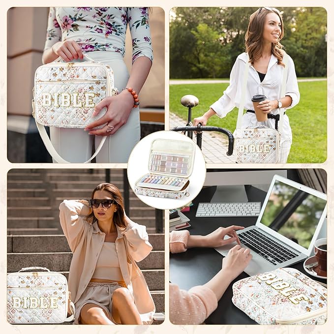 Sinload Quilted Bible Cover Case for Women 12 x 9 x 2.5 Inch Bible Chenille Letter Bag with Shoulder Strap Carrying Tabs 6 Colored Pens 12 Highlighters Christian Church Study Gifts(Colorful,Floral)