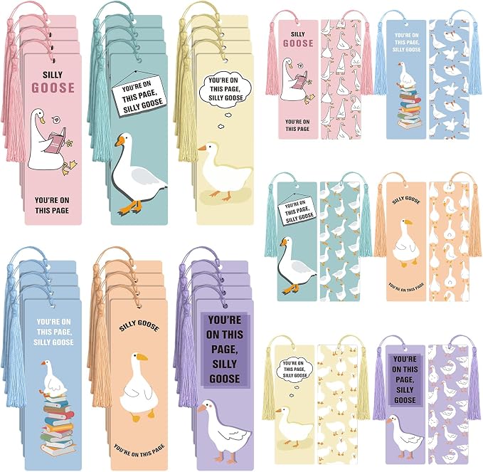 24pcs Silly Goose Bookmarks with Tassels Silly Goose Classroom Decor Cute Funny Bookmarks for Women Reading Accessories Bookish Gifts for Back to School Gift Students Book Lovers Club, 6 Styles