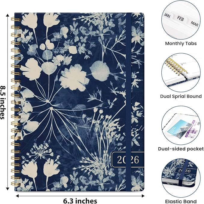 2026 Planner, Weekly and Monthly Planner for Women, January 2026 - December 2026, Hardcover 2026 Calendar Planner Book with Tabs, Inner Pocket, Spiral Bound, Perfect for Office Home School Supplies - A5 (6.3" x 8.5"), Rustic Bloom