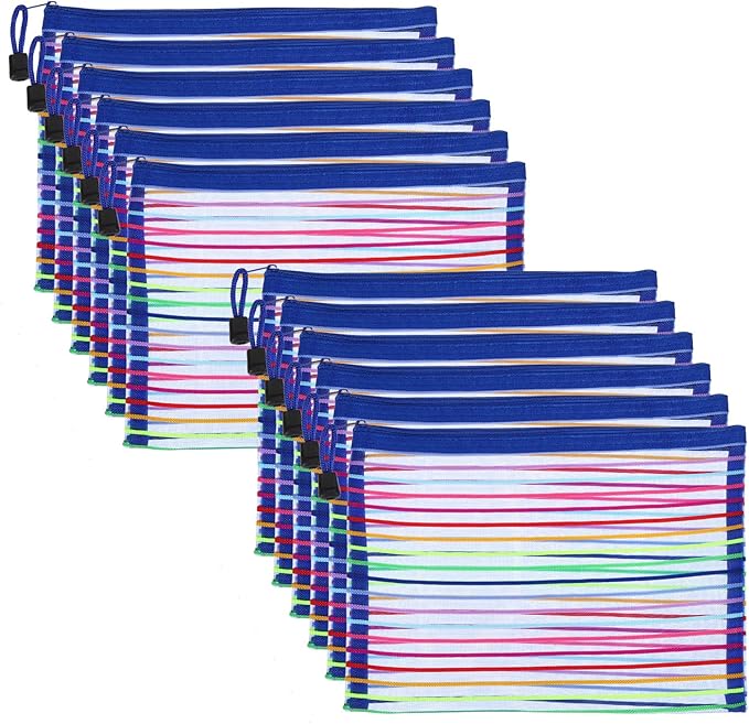 PATIKIL Mesh Zipper Pouch, 12 Pack Nylon A5 Size Pen Pencil Case Document Toiletry Cosmetic Makeup Zipper Travel Pouch Organizer for Office, Blue