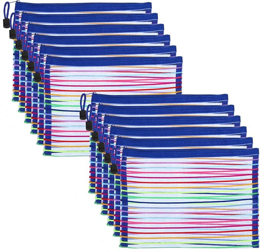PATIKIL Mesh Zipper Pouch, 12 Pack Nylon A5 Size Pen Pencil Case Document Toiletry Cosmetic Makeup Zipper Travel Pouch Organizer for Office, Blue