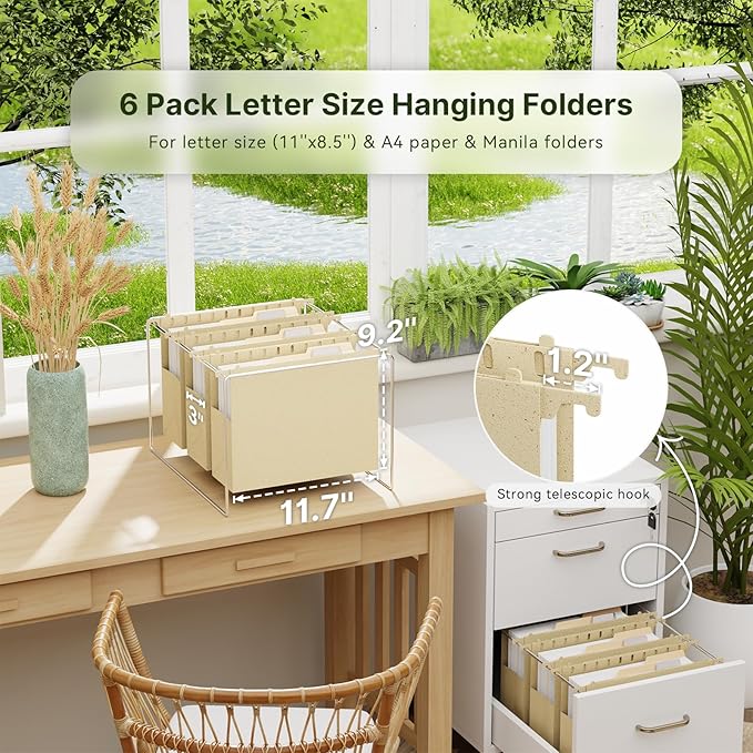 XINGIA Extra Capacity Hanging File Folders Letter Size,3 Inch Expansion Plastic File Cabinets Folders with Tabs,6 Pack Heavy Duty Expanding Hang Folder,Wheat Straw File Organizer Folders for Documents