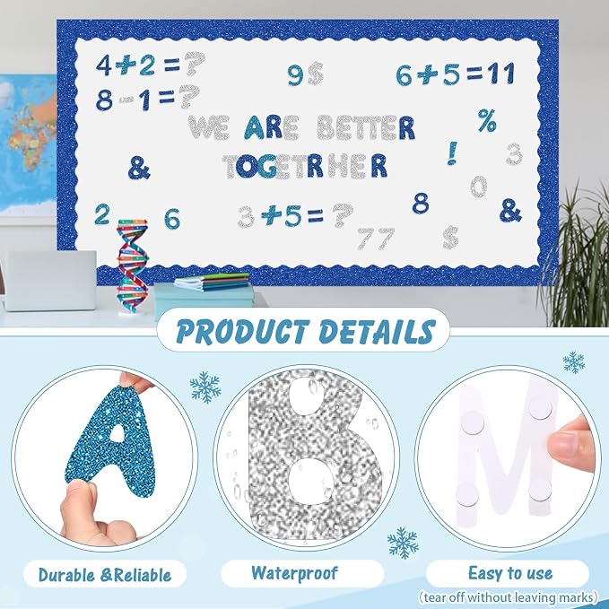 221 Pcs Glitter Blue Bulletin Board Letters, Round Alphabet Number Punctuation Symbol Combo Letter Cutouts, Sparkle Classroom Decoration for Winter School Chalkboard Poster Board