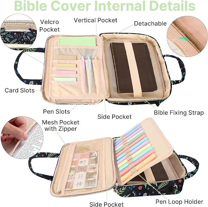 PUGPIU Bible Cover Case for Women, Large Quilted Bible Bag with Shoulder Strap and Handle, Bible Study Supplies Journaling Kit with Highlighters Pens No Bleed Tabs Notebook Cross Clips (Leaf)
