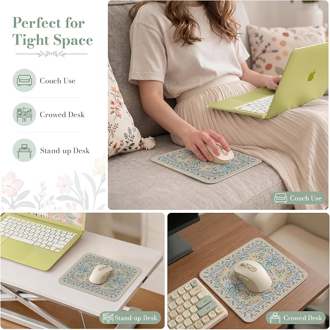 iCasso Aesthetic Small Floral Mouse Pad, Mini Portable Travel Mousepad, Anti-Slip and Comfortable Cloth Mouse Mat 7.9"x9.5" with Stitched Edges for Computer, Laptop, Office, Home(Green Floral)