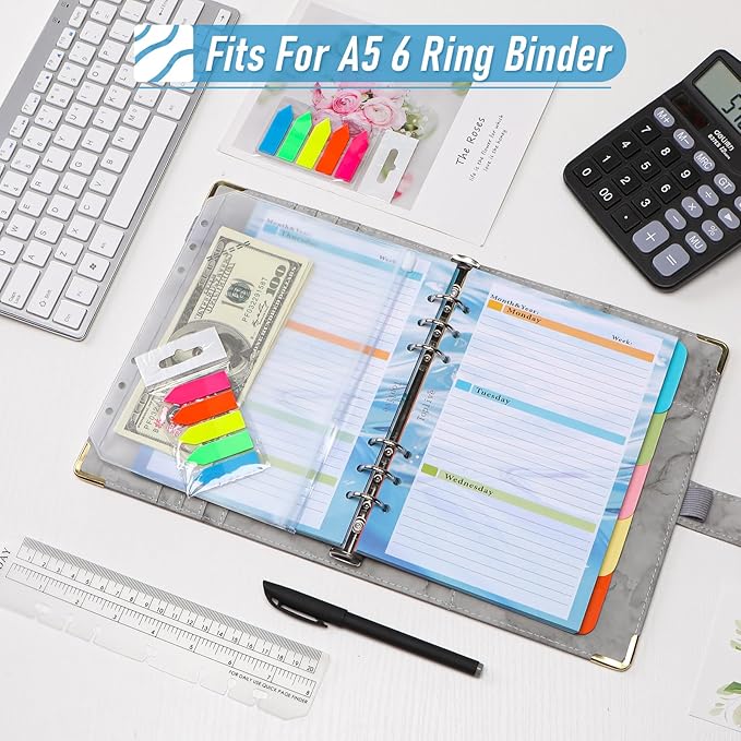 Toplive 7 Pack A5 Planner Inserts Monthly Weekly Planner Refills Paper 6 Ring Expense Budget Sheets with Cash Envelopes Divider Ruler Stickers, for A5 Planner Binder Cover, Blue Ocean Marble