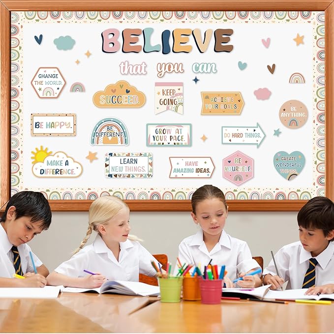 Boho Affirmation Station Bulletin Board Classroom Decorations Set Motivational Rainbow Believe That You Can Paper Cutouts for Welcome Back to School Positive Inspirational Wall Door Chalkboard Decor