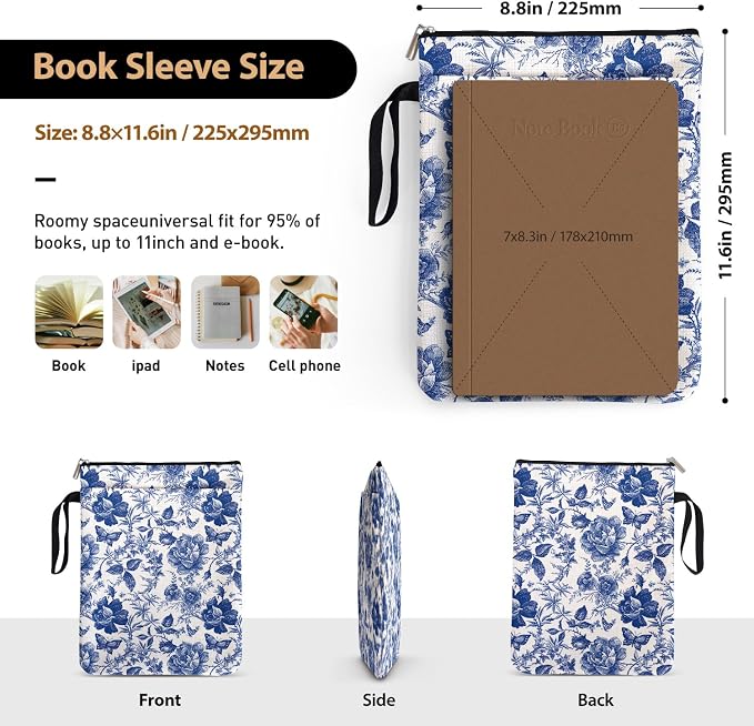 Blue and White Porcelain Vintage Chinoiserie Printing Book Lovers Gifts Book Sleeve for Women Grandma Readers Librarian with Handled Waterproof BookCover Case Book Club Gifts Book Accessories