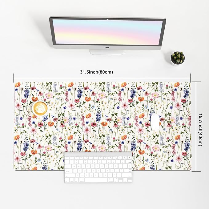 Colorful Star Large Mouse Pad, Watercolor Floral Desk Mat Office Supplies, Waterproof Faux Leather Big Gaming Mousepad for Women Girls, Flowers Desk Pad Home Office Décor Accessories 31.5" x 15.7"
