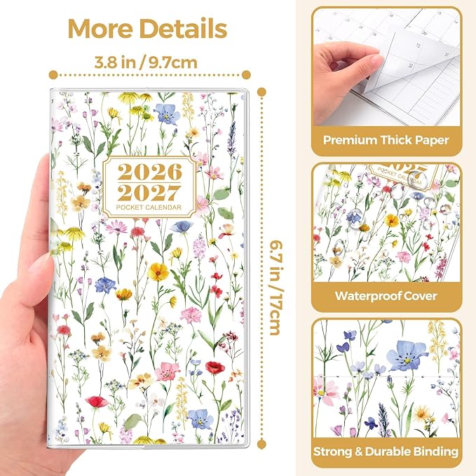 SKYDUE Pocket Calendar 2026-2027, Pocket Monthly Planner Jan 2026 - Dec 2027 for Purse, 6.7" X 3.7" 24-Month Small Planner, Academic Year Calendar, Compact Design with Plastic Sleeve