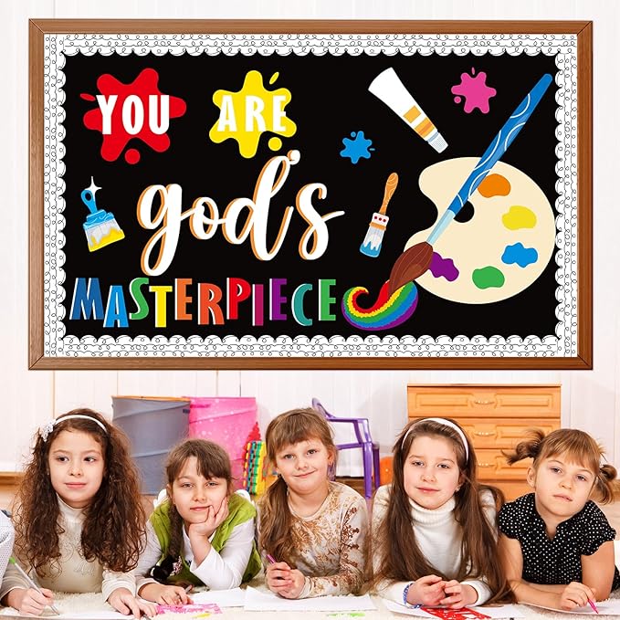 Art Paint Religious Bulletin Board Set You Are God's Masterpiece Christian Jesus Classroom Decorations Colorful Paint Splatter Wall Decor Motivational Cutouts for Sunday School Back to School Decor