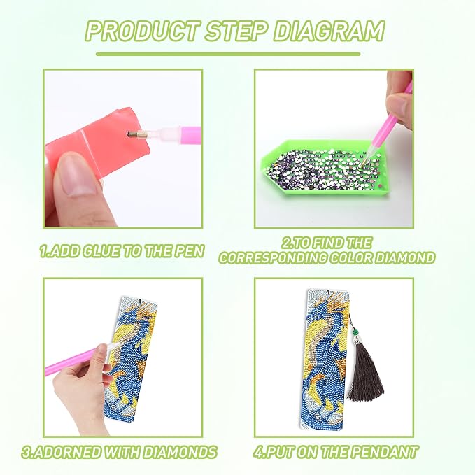 6 Pcs Dragon Diamond Art Bookmarks with Tassels, DIY Diamond Painting Bookmarks Kit for Adults Beginners and Kids, Fantasy Dragon Bookmark Making Kit with Pen Wax Tray Tools