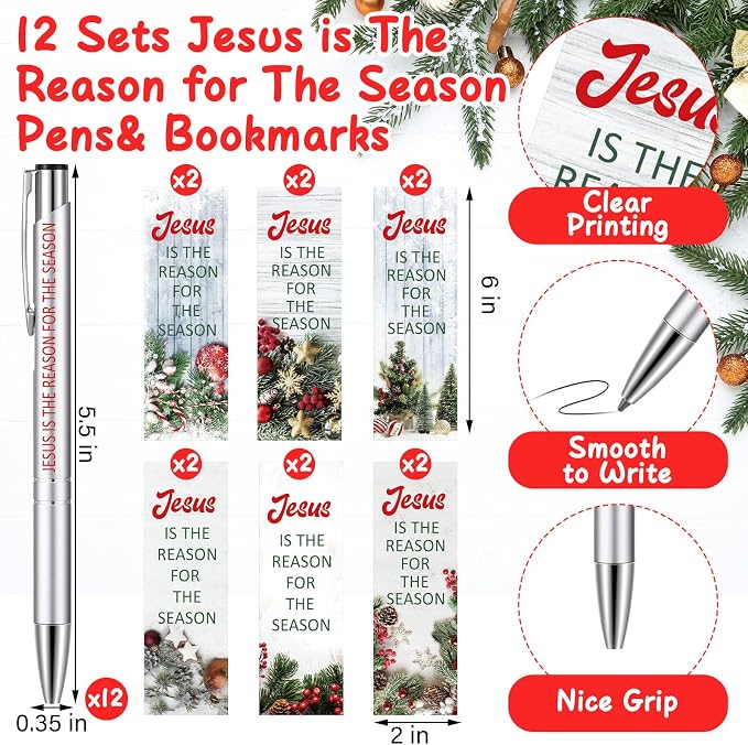 Dispowreath 24 Pcs/ 12 Sets Christian Gifts Bulk for Christmas Jesus is The Reason Gifts, 12 Winter Bible Verse Pen 12 Christian Bookmarks Religious for Church Sunday School Class Prizes Party Favors