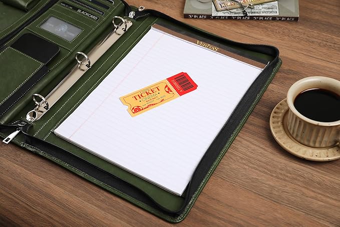 Green Leather Padfolio for Women/Men, Business 3 Ring Portfolio Binder, Personalized Zippered Organizer for A4 Notepad & 13-inch Laptop/Tablet