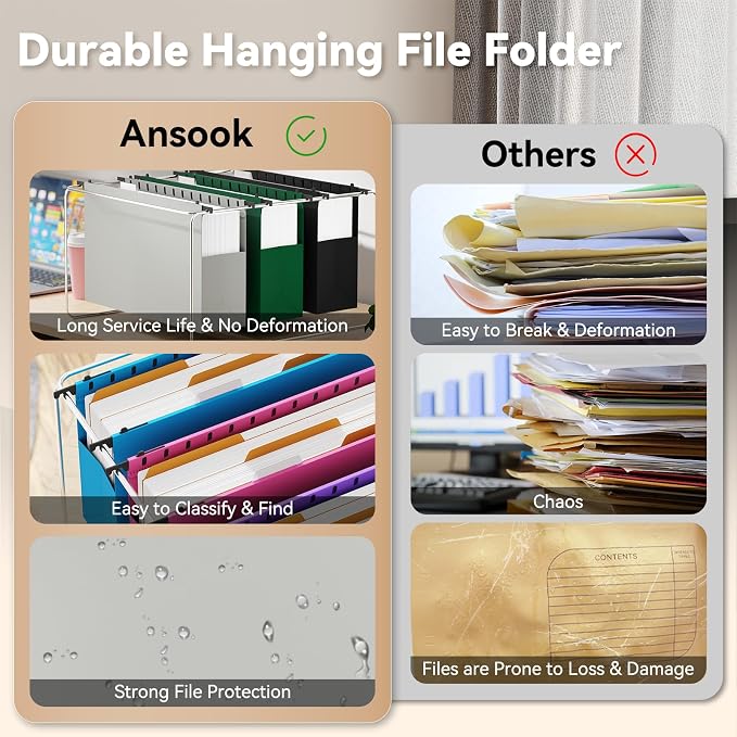 Ansook Plastic Legal Size Hanging File Folders,Heavy Duty 3" Expandable Legal File Folder Hanging with Tabs,6 Pack Extra Capacity Pastel File Cabinet Folders,Office School Hanging File Organizer