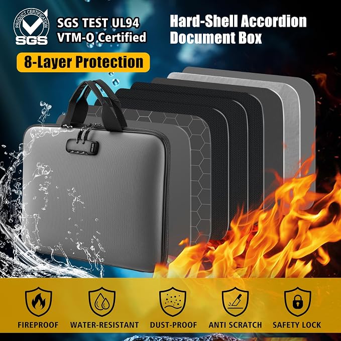 Fireproof Document Box with Combination Lock, Hard-Shell Fireproof File Organizer for Legal Documents, Laptop, Valuables & Important Papers, 13-Pocket Accordion File Folder
