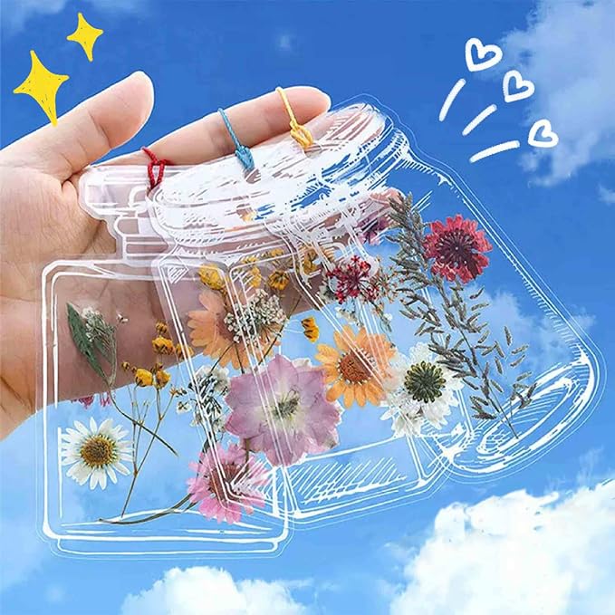 LiveOnce 60pcs DIY Dried Flower Bookmarks - Transparent PET Bookmark Kits with Tassels, Clear Sticky Sheets for Pressed Flowers, Leaves, Nature Craft, Gifts (10.5x7.5cm)