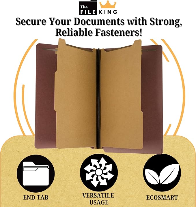 The File King Classification Folders 2 Dividers Legal Size - 10 Pack, Brick Red Pressboard | End Tab Legal File Folders with Prongs | Made in America | 2" Expansion for Shelf Filing | 6 Fasteners