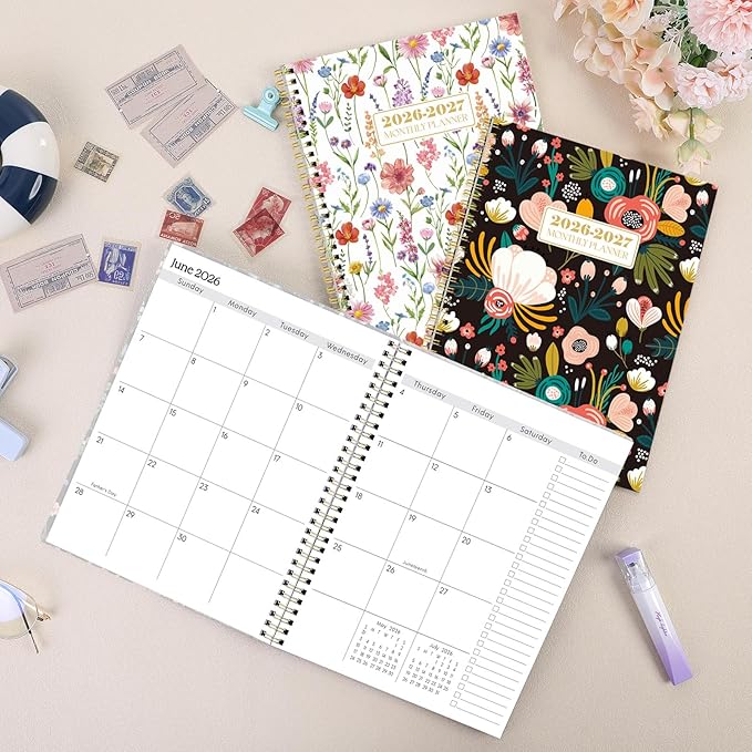 SKYDUE Monthly Planner 2026-2027, 24 Months Calendar Planner 2026-2027, 7.5" x 10" B5 Planner, Twin-wire Spiral Bound, Durable Waterproof Cover, Thick No-Bleed Paper, Floral