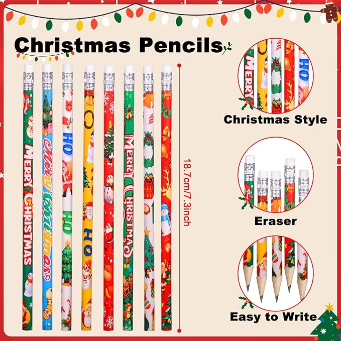 Christmas Pencils Xmas Wood Pencil with Eraser Snowman Pencils Santa Elk Assorted Christmas Stationery Pencil, 8 Styles(24)