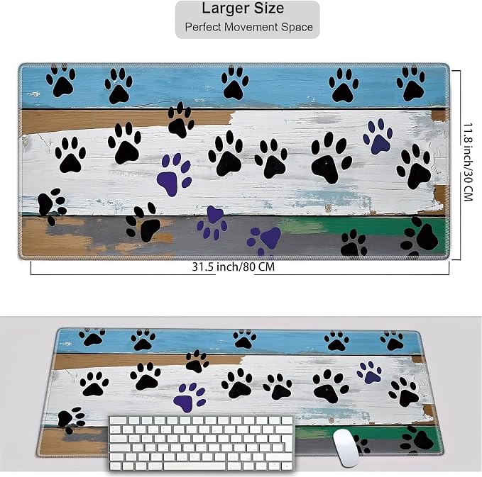 Mouse Pad Gaming Mousepad 31.5x11.8 Inch XXL Large + Coasters,Desk Mat with Stitched Edges, Non-Slip Rubber Base, Thick Mouse Pad for Computer, Laptop, Office & Home - Wooden Plank Cat Paw Print