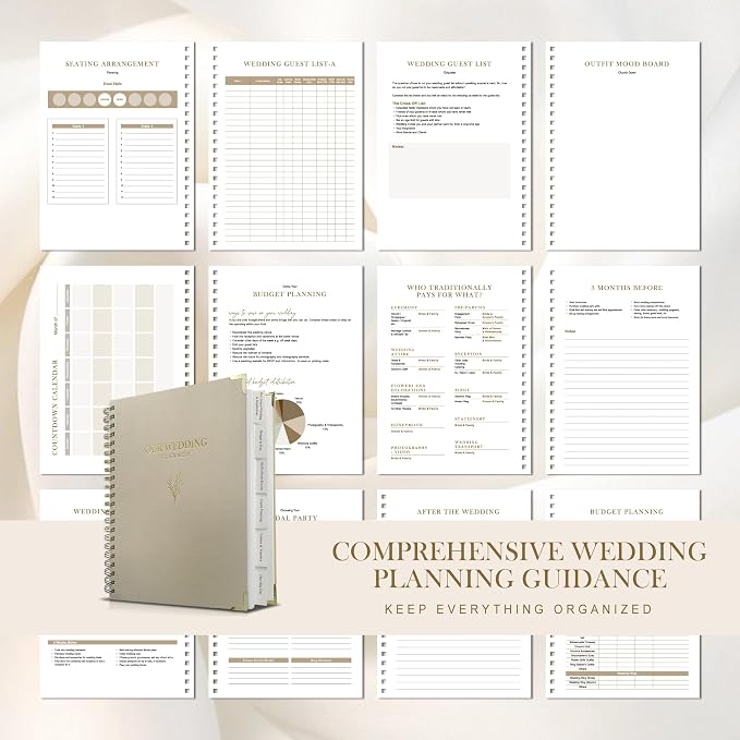 Wedding Planner Book and Organizer for Bride - Elegant Linen Cover Wedding Planning Binder with Checklists,Pockets & Calendars,Perfect Engagement Gifts for Couples(Apricot)