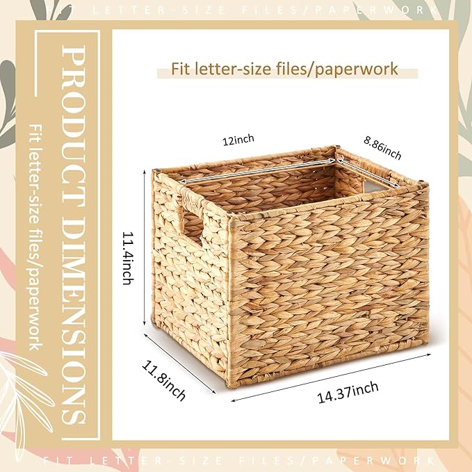 Jingmore Hanging File Box, Water Hyacinth Collapsible Woven File Organizer for Letter Size Files, Portable Decorative Storage Basket with Handles for Home Office Decor