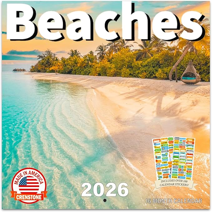 Tropical Beaches Calendar 2026 - Sandy Beaches 2026 Wall Calendar, Includes 100+ Reminder Stickers | 12" x 24" Open | Giftable | Made in The USA