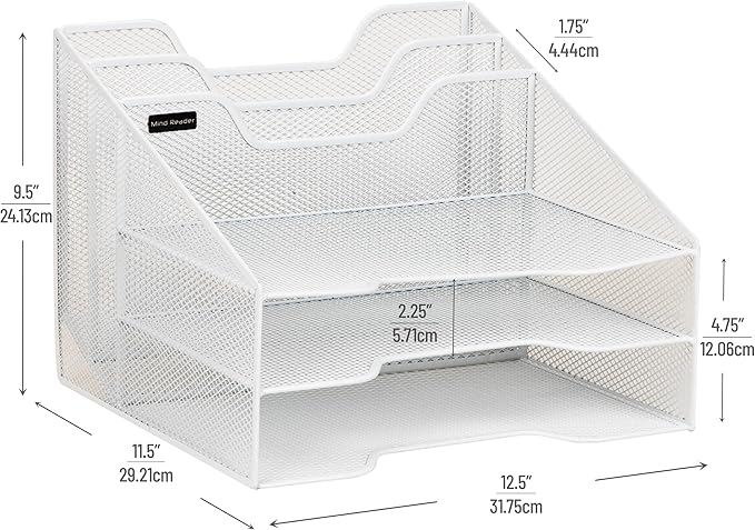 Mind Reader Metal Mesh Desktop File Organizer, 3-Tier Paper Tray with 5 Compartments, Office Mail Sorter, White