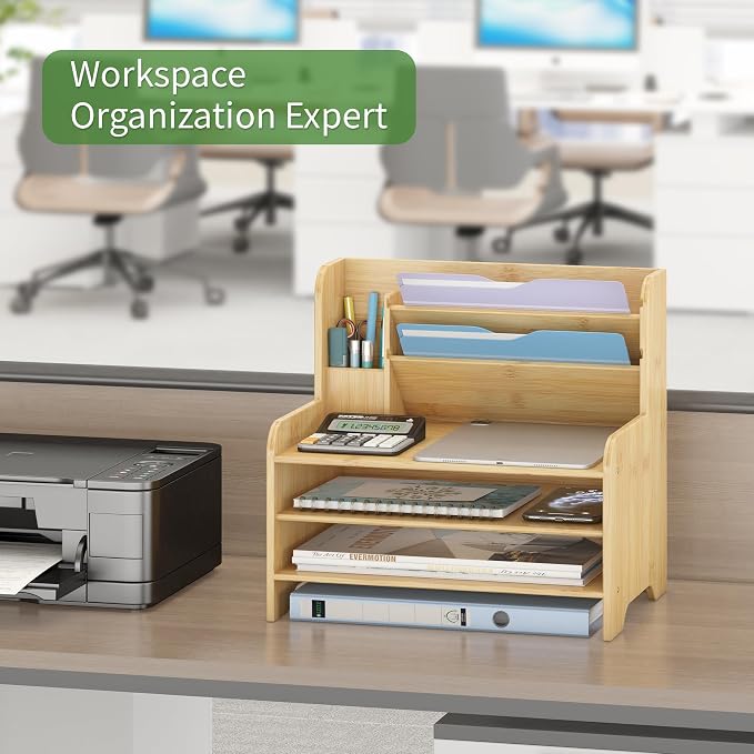 Desk File Organizer - 6-Tier Desktop Mail Letter Tray Paper Document Organizer with Pen Holder for Home Office Supplies, Office Desk Accessories & Workspace (Nature)