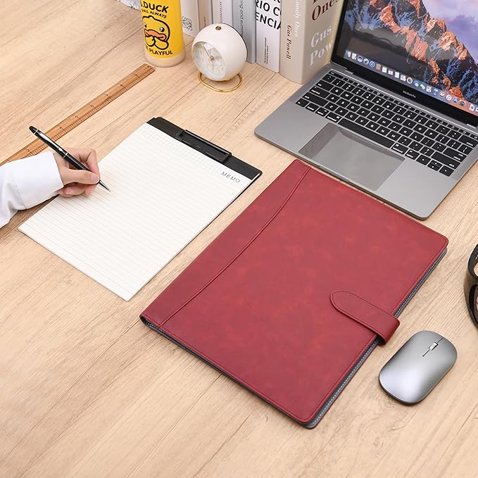 Wason Portfolio Padfolio A4 Leather PU Folder File Document Holder Case with Writing Pad Removable Clipboard Card Stationary Case Phone Tablet Stand for Organizer Office Travel School (Red Wine)