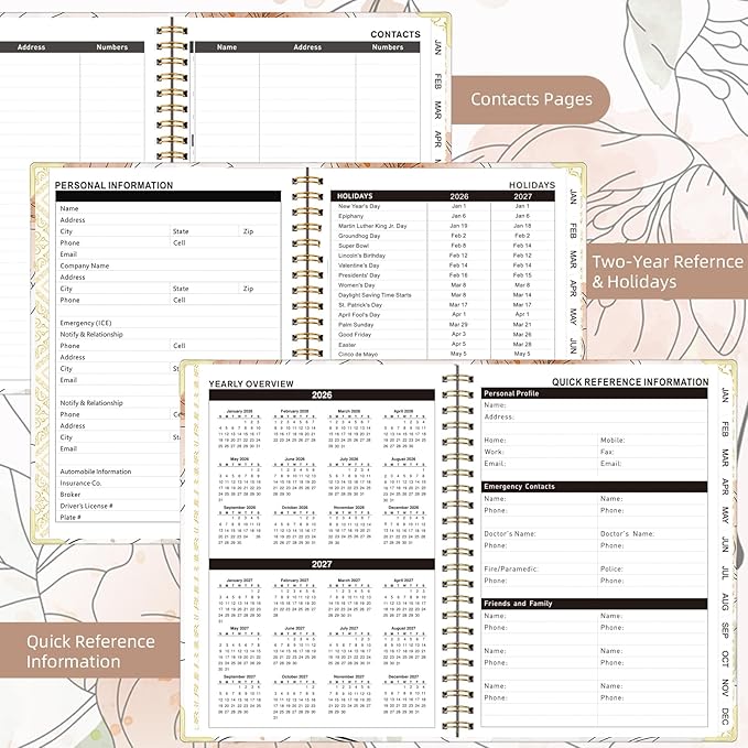 2026 Planner, Jan.2026 - Dec.2026 Planner Weekly and Monthly 6.25"x8.5" with with Page Tabs, Calendar Hardcover with Inner Pocket, Elastic Band, Twin-Wire Binding, Bookmark, Flower