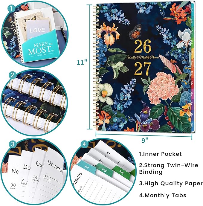 Planner 2026-2027 - Academic Planner 2026-2027, July 2026 - June 2027, 9" x 11", 26-27 Planner Weekly and Monthly, Calendar Planner with Colorful Monthly Tabs + Twin-Wire Binding + Inner Pocket + Premium Thick Paper