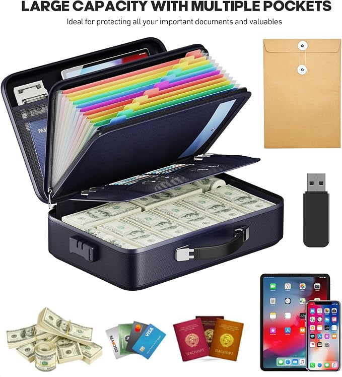 Fireproof Document Box, Hard Case Highly Flame-Resistant Fire Proof Waterproof File Organizer with Lock, Portable Fire Safe for Important Documents & Valuables Storage (Blue, ‎16"*12"*5")
