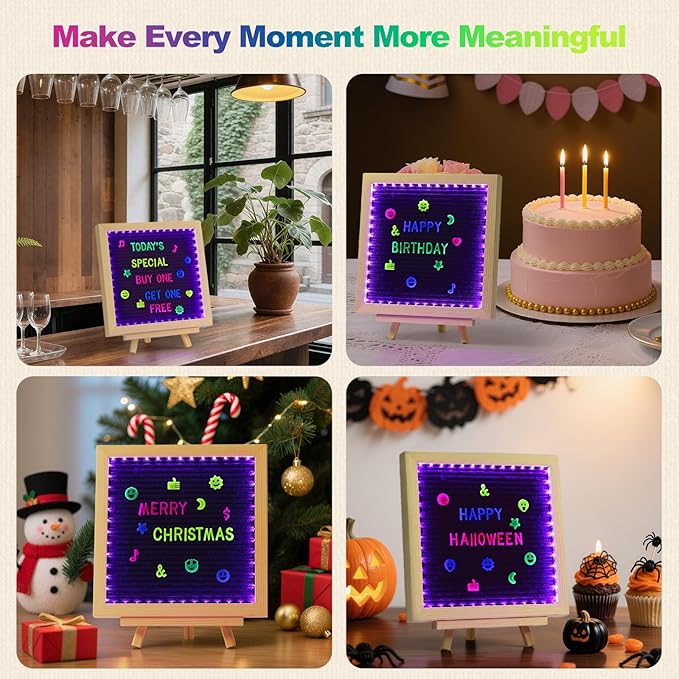 Lewondr Felt Letter Board, 10''×10'' Wooden Letter Board Sign with 680 Colored Fluorescence Letters, Changeable Message Sign with Stand for Baby Announcements, First School Day and Home Decor