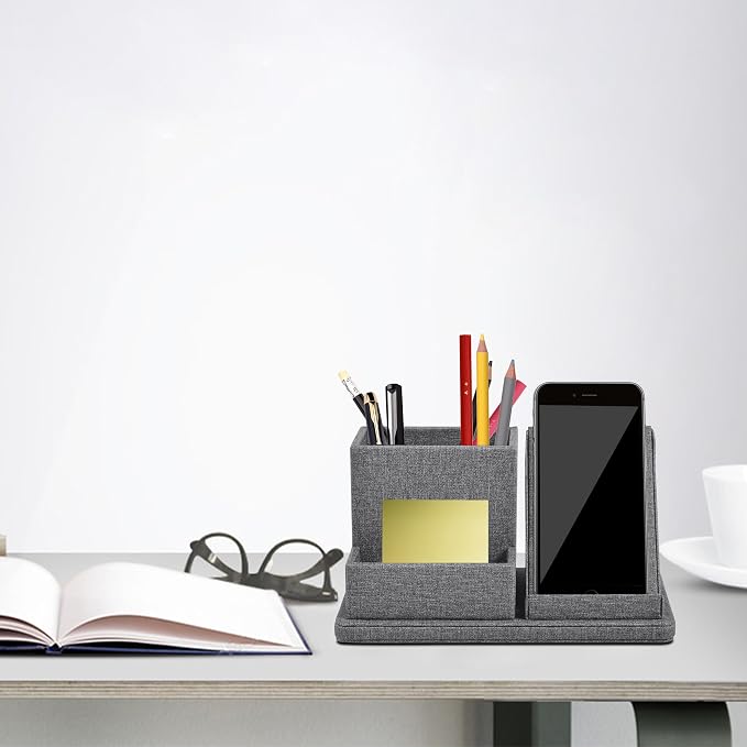 Multi-Function Pen/Pencil Holder-Linen Leathe Excellent Cell Phone Touch Screen Solution Holde-Business Card Holder/Sticky Note Tray,Desk Organizer for Office Supplies,Desktop Caddy,Grey