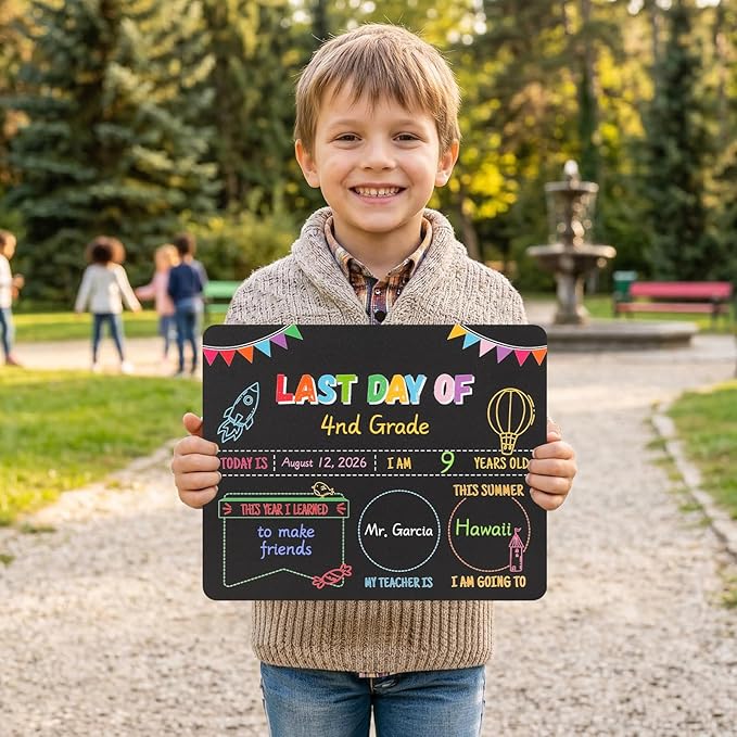 First Day of School Sign & Last Day Board - 11x14 Double-Sided Reusable Chalkboard with Markers - Back to School Gift Photo Prop for Kids Preschool Kindergarten Elementary Grades