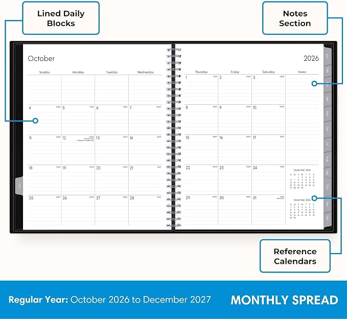 Blue Sky 2027 15-Month Monthly Planner Calendar, October 2026 - December 2027, 8” x 10”, Durable Faux Leather Cover, Laminated Tabs, Concealed Wirebound, Storage Pocket, Enterprise