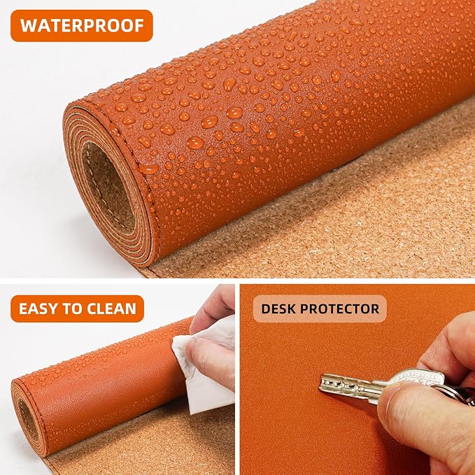 AFIING Cork Desk Mat, 35.4" x 17", Orange,Desk pad Protector | Dual-Sided Cork & PU Leather, Large Mouse Pad, Non-Slip & Waterproof