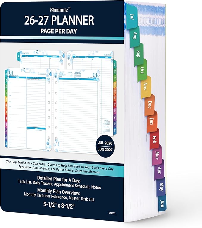 Planner Refills - 2026-2027 Planner Refills, July 2026 - June 2027, 2 Pages Per Day Daily ＆ Monthly Planners, A5 Planners Inserts, 5.51" x 8.38", Daily Tracker, 7-Hole Punched