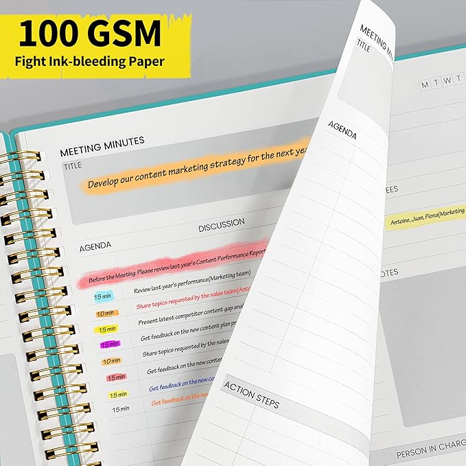 SUNEE Meeting Notebook for Work with Action Items - 160 Pages, B5 Size Project Planner, Spiral Meeting Agenda/Minutes Notebook Organizer for Women Men, Note Taking, Office & Business, 7.5"x10", Teal