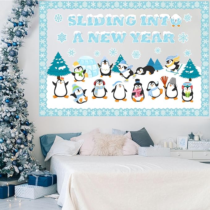 Winter Bulletin Board Set Snow Penguin Wonderland Classroom Decorations Winter Sliding Into A New Year Penguin Paper Cutouts for Holiday School Wall Decor