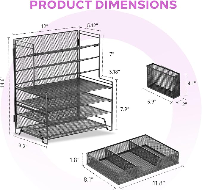 SUPEASY 7 Tier Desk Organizer with Drawer & Pen Holder, Heavy Duty Metal Letter Tray Paper File Organizer for Home Office School Classroom, Black
