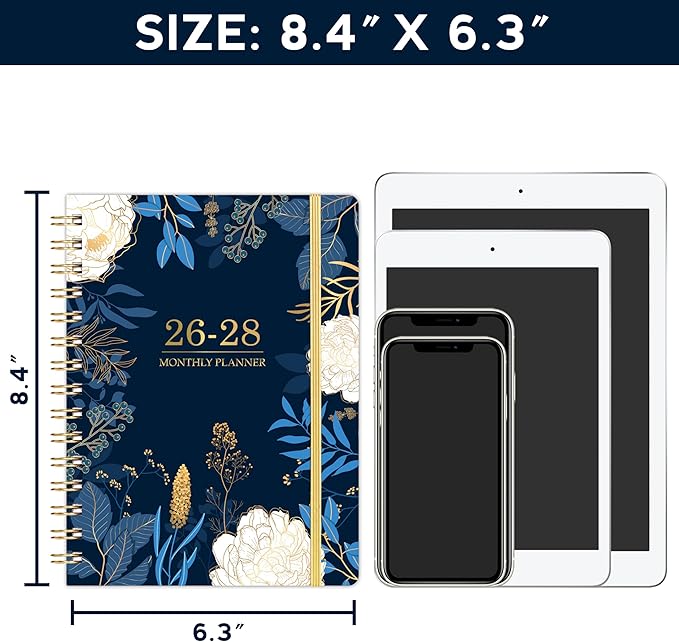 2026-2028 Monthly Planner/Calendar - 3 Year Monthly Planner 2026-2028, 6.3" x 8.4", Jan 2026 - Dec 2028, Months Tabs, Inner Pocket, Elastic Closure, Twin-Wire Binding