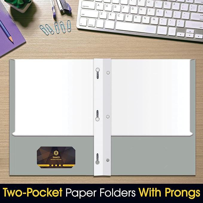 2 Pocket Portfolio Folders with Prongs (Metal Fastener Clips), 25 Pack, Cool Trendy Colors, Fits Letter Size Paper, for School, Office, Home, Matte Finish (Silver Gray)