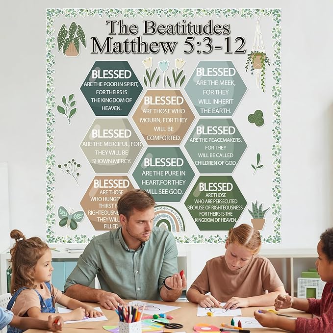QOUBAI Christian Bulletin Board Decoration The Beatitudes Matthew 5:3-12 Classroom Decoration Motivational Bible Verse Paper Cutouts for Back to School Sunday School Church Parish Decor（Greenery）
