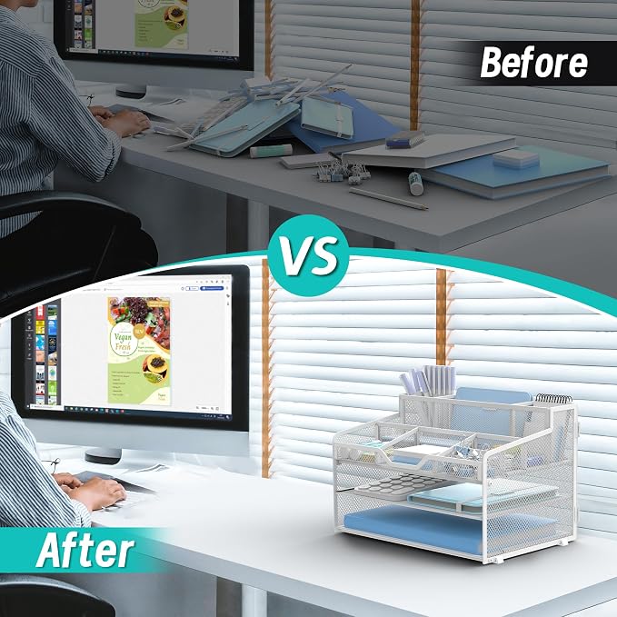 3 Tier Mesh Desk Organizer,Multi Functional Letter Paper Tray with 3 Pen Holders and 5 Adjustable Storage Compartments for Office Supplies Files and Mail Space Saving Desktop Organizer-White
