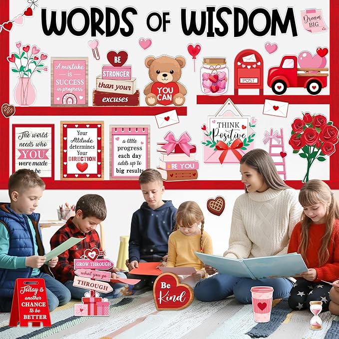 Mooliwe 57 Pcs Sweet Bulletin Board Set Pink Red Heart Envelope Paper Cutouts Positive Quotes Classroom Bulletin Board Decor for School Chalkboard Wall Door Window